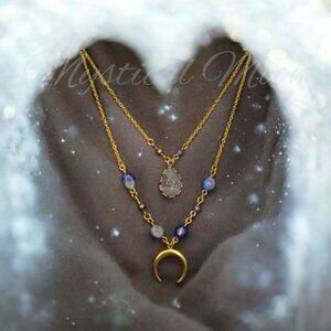Whimsical Multilayer Necklace with Grey Labradorite and Lapis Lazuli Gemstones